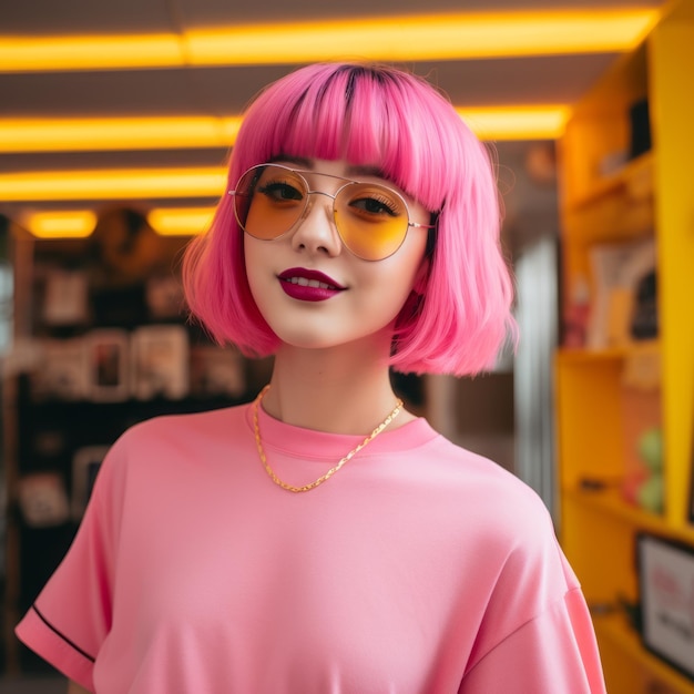 une femme aux cheveux rose vif et des lunettes de soleil