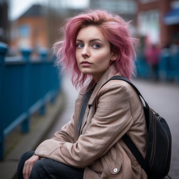 une femme aux cheveux roses assise sur le trottoir