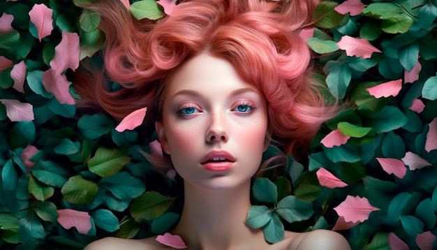 Une femme aux cheveux roses et aux cheveux roses est allongée sur un lit de feuilles.