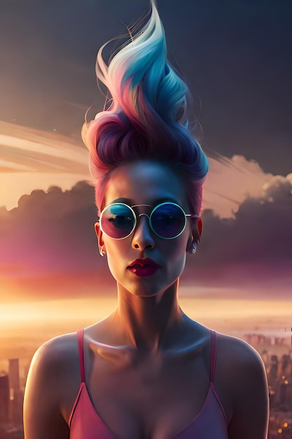 Une femme aux cheveux roses et aux lunettes de soleil se tient devant un fond coloré