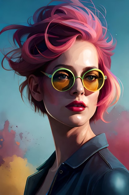 Une femme aux cheveux roses et aux lunettes de soleil se tient devant un fond coloré