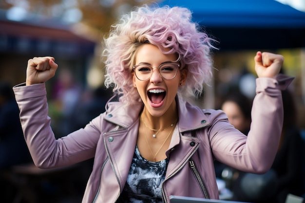 Femme aux cheveux roses et aux lunettes tenant une tablette et criant IA générative