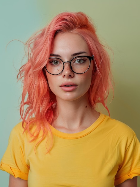 une femme aux cheveux roses et aux lunettes