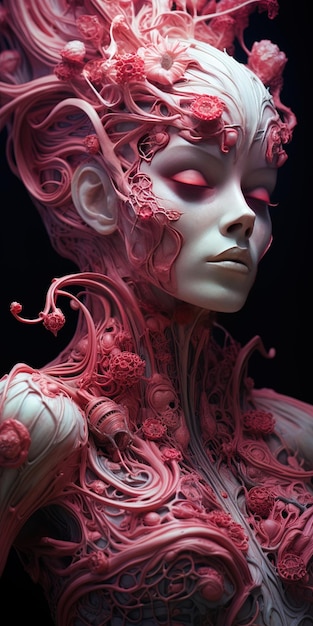 une femme aux cheveux roses et aux yeux roses est couverte de peinture rose