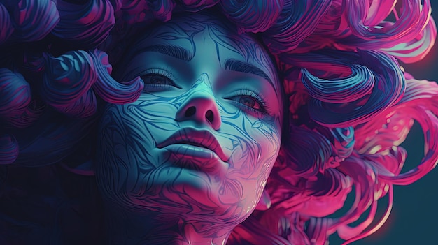 Une femme aux cheveux roses et bleus et au visage rose et bleu avec le mot "galaxie" dessus