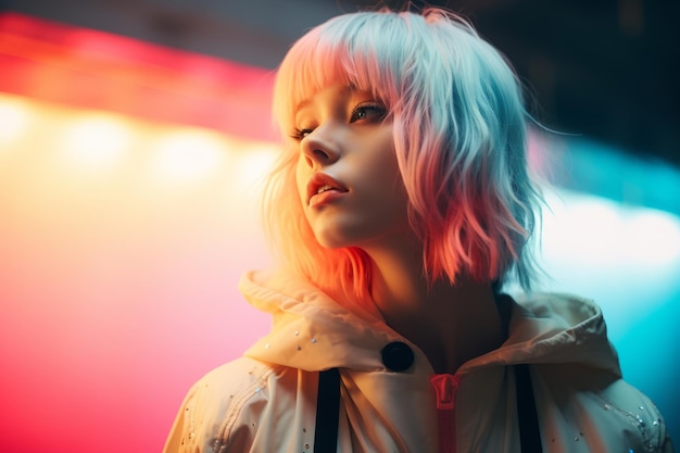 une femme aux cheveux roses et bleus devant des néons