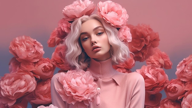 Une femme aux cheveux roses et une couronne de fleurs sur la tête