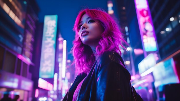 Photo une femme aux cheveux roses dans la ville la nuit