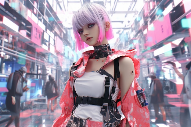 Photo une femme aux cheveux roses debout dans une ville futuriste