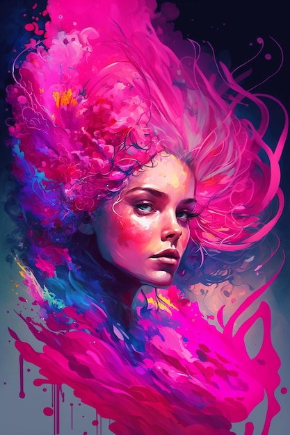 Une femme aux cheveux roses et une fleur dans les cheveux.