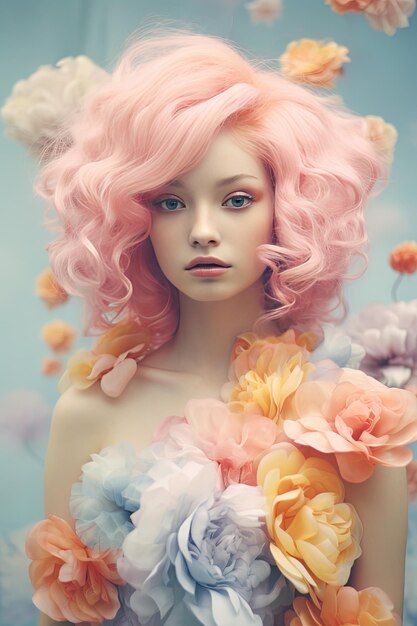 une femme aux cheveux roses et un haut fleuri pose pour une photo