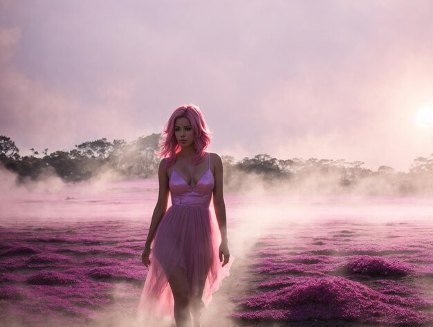 Une femme aux cheveux roses marche dans un champ de fleurs roses dans une robe rose.