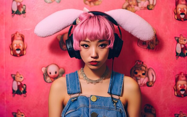 une femme aux cheveux roses portant des écouteurs et une boucle d'oreille rose