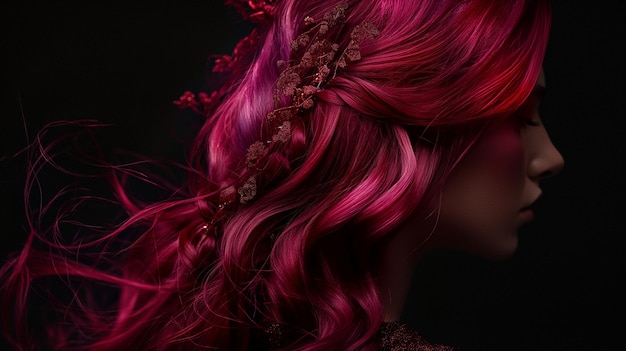 une femme aux cheveux roses et rouges et une couronne de fleurs sur la tête