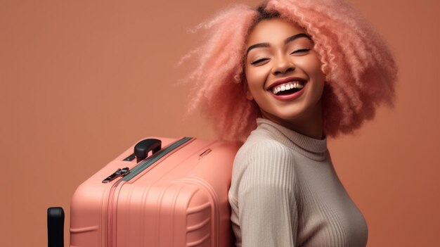 Photo une femme aux cheveux roses se tient à côté d'une valise rose