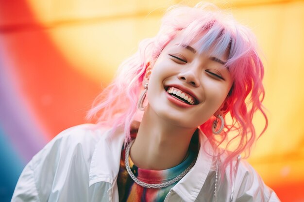 Photo une femme aux cheveux roses souriant devant un fond coloré