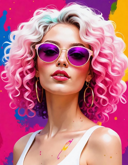 une femme aux cheveux roses et violets et aux lunettes de soleil pose pour une photo