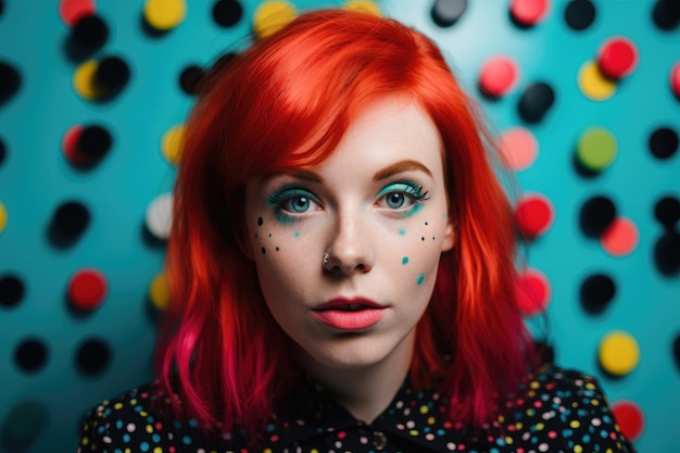 Une femme aux cheveux rouge vif et aux yeux bleus se tient devant un fond coloré avec des cupcakes.