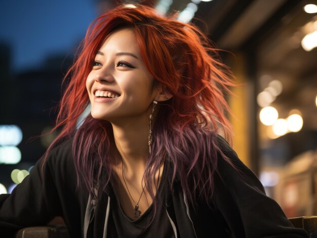 une femme aux cheveux rouges assise sur un banc