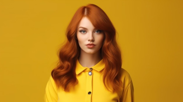 Une femme aux cheveux rouges et une chemise jaune