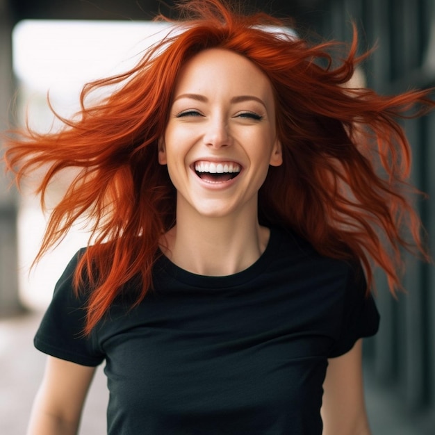 une femme aux cheveux rouges et à la chemise noire sourit et rit.