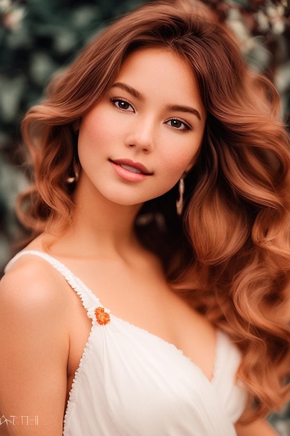 Une femme aux cheveux rouges dans une robe blanche