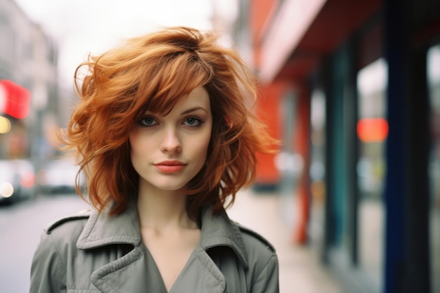 une femme aux cheveux rouges debout dans la rue