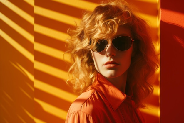 une femme aux cheveux rouges et lunettes de soleil debout devant un mur orange vif