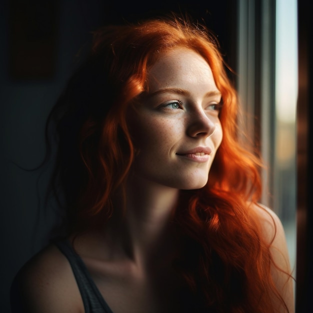 Une femme aux cheveux rouges regarde par la fenêtre