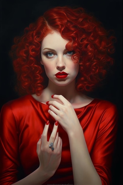 Une femme aux cheveux rouges et une robe rouge