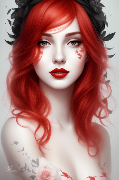 une femme aux cheveux rouges et un rouge à lèvres sur son visage avec un fond noir et blanc est montré h