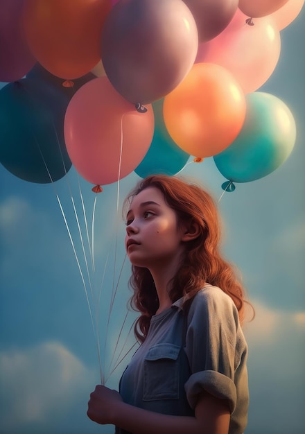 Une femme aux cheveux rouges se tient devant un ciel bleu avec des ballons.