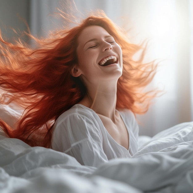 Une femme aux cheveux rouges sourit et rit