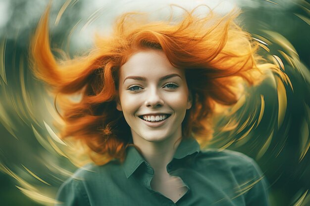 Une femme aux cheveux rouges sourit
