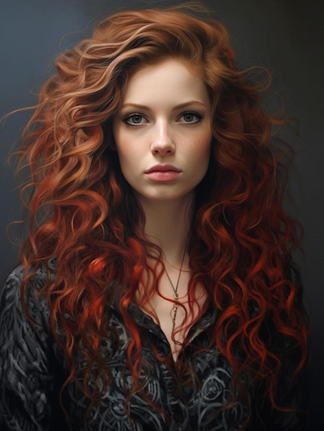 Une femme aux cheveux roux et au haut noir a de longs cheveux bouclés.