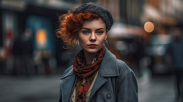 Une femme aux cheveux roux et au manteau gris se tient dans une ruelle.