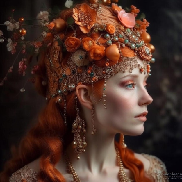 une femme aux cheveux roux et aux fleurs sur la tête porte un casque floral