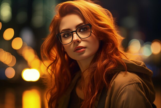 Femme aux cheveux roux et aux lunettes regardant la caméra