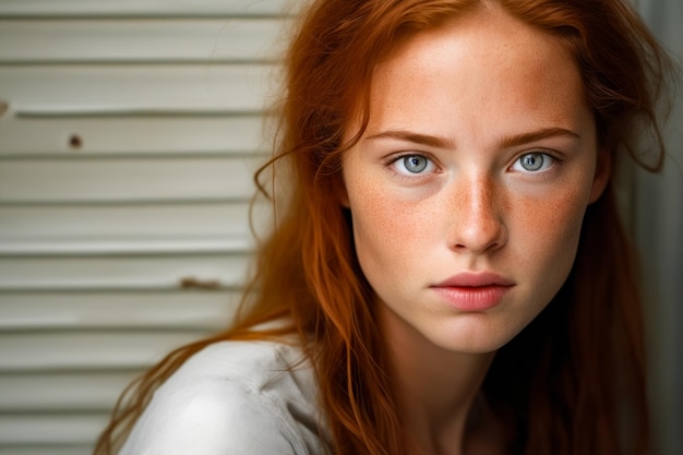 Une femme aux cheveux roux et aux yeux bleus posant pour une photo AI générative