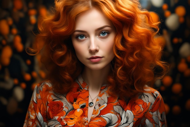 Une femme aux cheveux roux et aux yeux bleus pose pour une photo IA générative