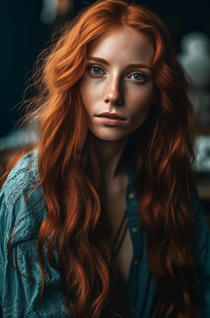 Une femme aux cheveux roux et aux yeux bleus regarde la caméra.