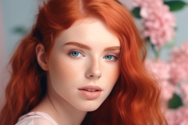 Une femme aux cheveux roux et aux yeux bleus regarde la caméra.