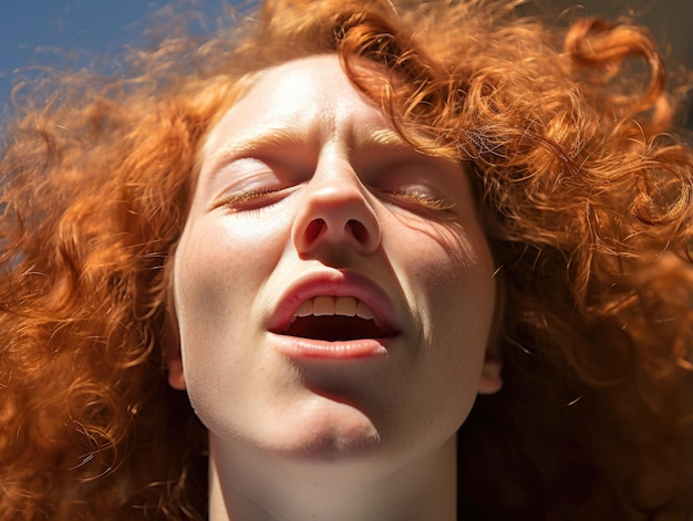 une femme aux cheveux roux et aux yeux fermés