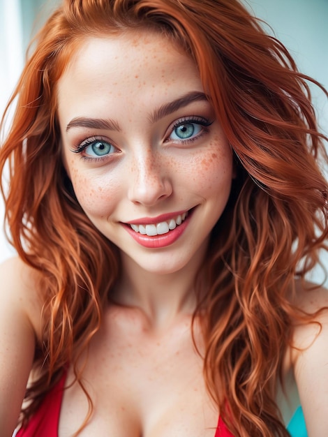 Une femme aux cheveux roux en bikini.