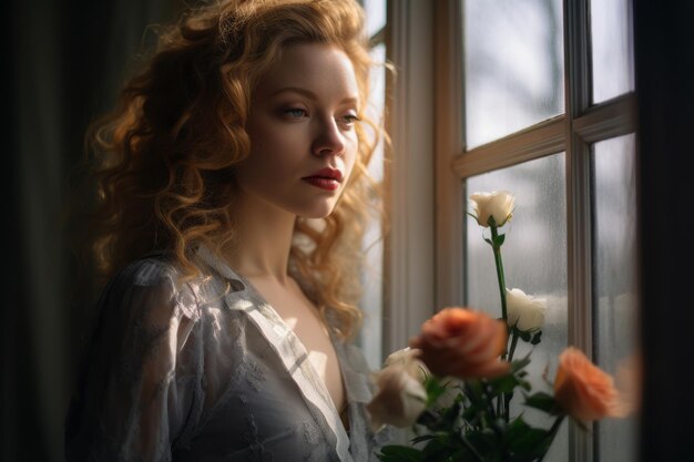 une femme aux cheveux roux bouclés regardant par la fenêtre