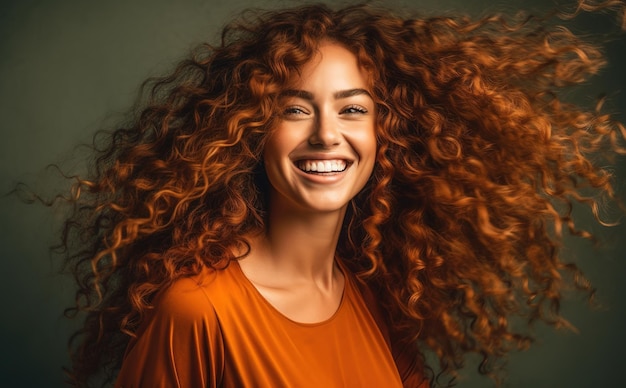 Une femme aux cheveux roux bouclés sourit à la caméra.