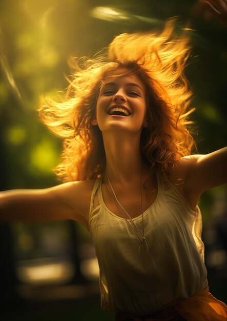 Photo femme aux cheveux roux chemise blanche souriante musique de trance environnement ensoleillé vent en extase soufflant coulant