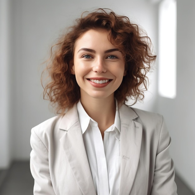 Une femme aux cheveux roux et en chemise blanche sourit.