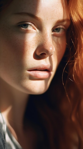 Une femme aux cheveux roux et chemise blanche