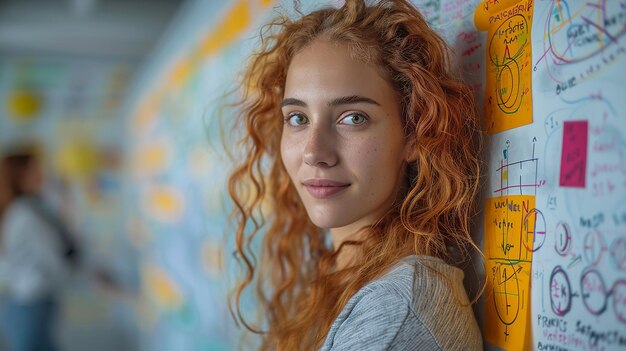 une femme aux cheveux roux et une chemise grise avec une chemise blanche qui dit " je t'aime "